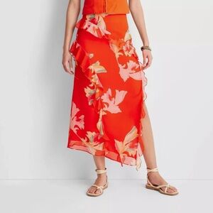 Future Collective X Jenne Naylor Chiffon Blood Orange Floral Midi Skirt Size 10